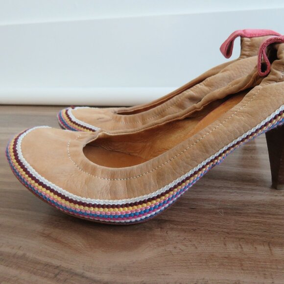 C.N.C COSTUME NATIONAL Tan Leather Boho Crochet Heeled Slip On Shoes - Size 9.5 - Picture 4 of 16